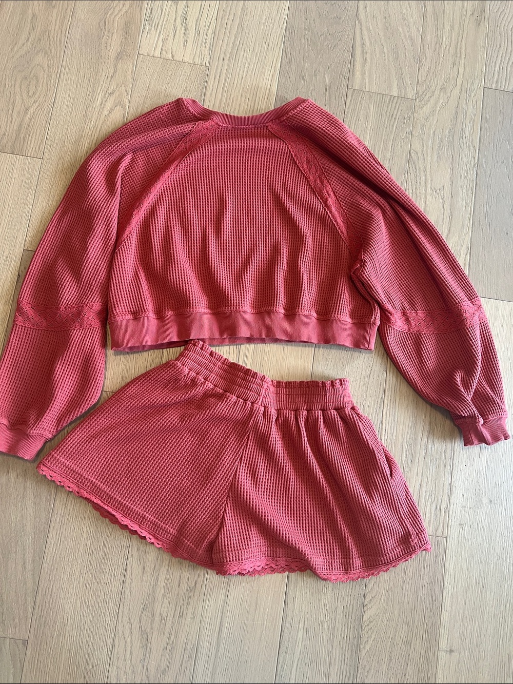 Altar'd State Raspberry Waffle Knit Cropped Sweatshirt and shorts set - Picture 4 of 4